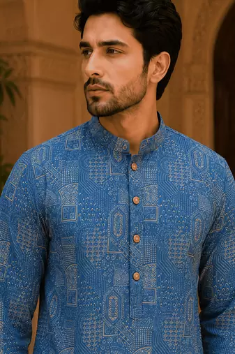 Royal blue printed men’s ethnic kurta