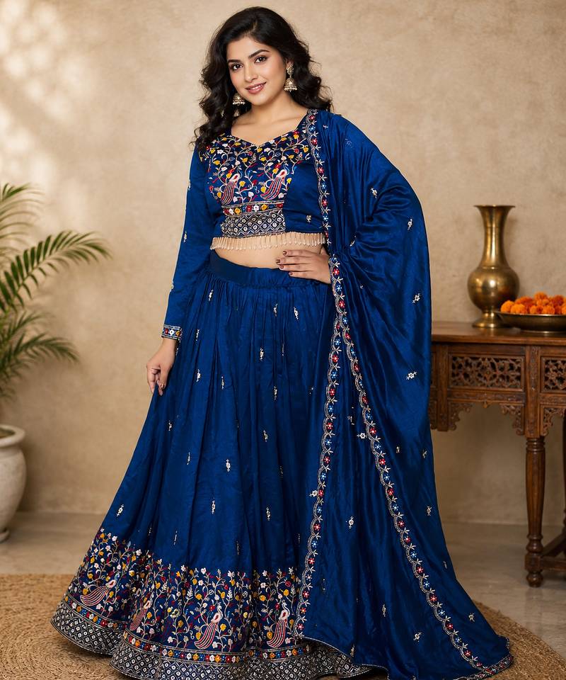 blue silk lehenga choli - free size 