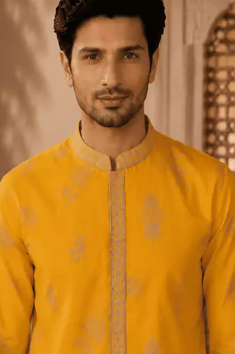 Men's mustard yellow woven ethnic kurta