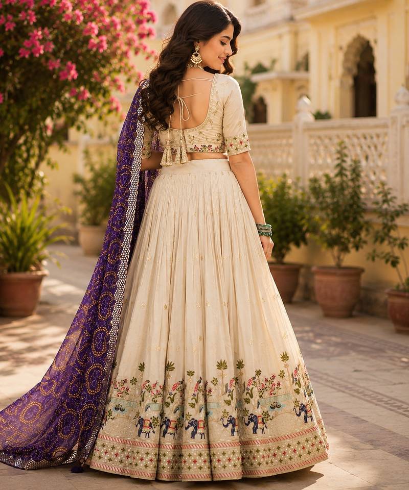 cream georgette lehenga choli - free size 