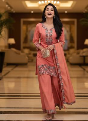 Peach embroidered silk blend free size stiched kurta palazzo set with dupatta for women 4