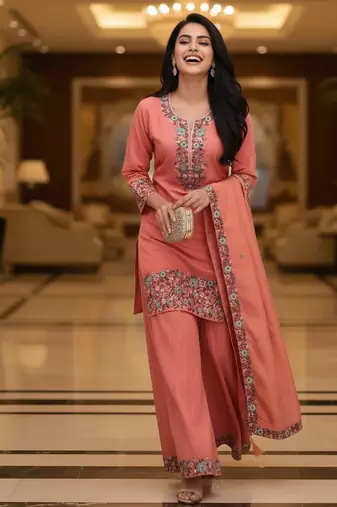 Peach embroidered silk blend free size stiched kurta palazzo set with dupatta for women