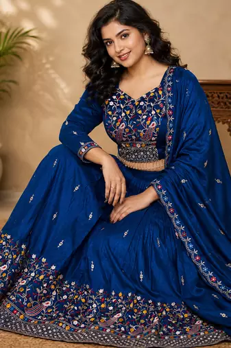 blue silk lehenga choli - free size 