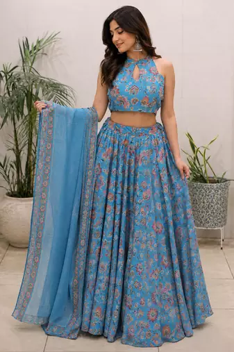 blue organza lehenga choli - free size 