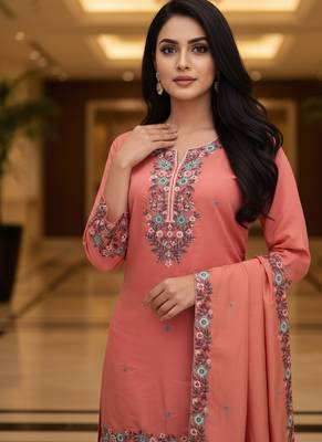 Peach embroidered silk blend free size stiched kurta palazzo set with dupatta for women 5