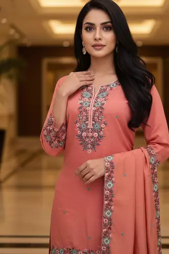 Peach embroidered silk blend free size stiched kurta palazzo set with dupatta for women
