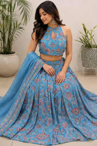 blue organza lehenga choli - free size 