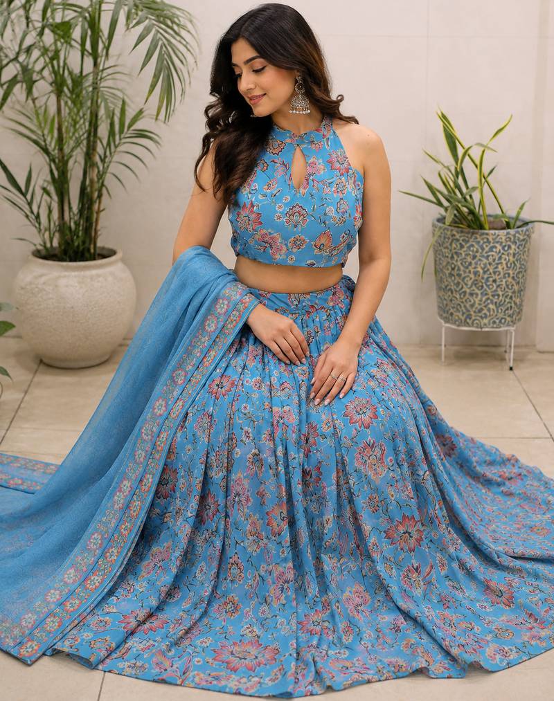 blue organza lehenga choli - free size 