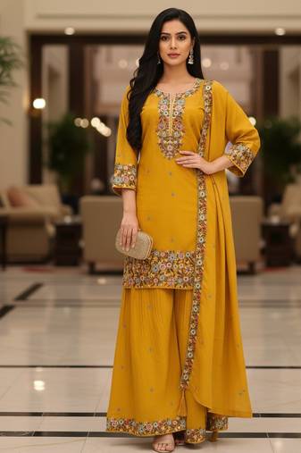 Mustard embroidered silk blend free size stiched kurta palazzo set with dupatta for women