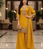 Mustard embroidered silk blend free size stiched kurta palazzo set with dupatta for women