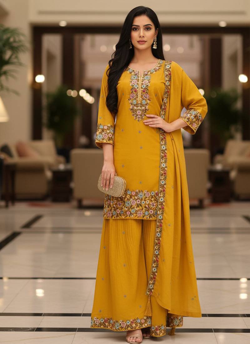 Mustard embroidered silk blend free size stiched kurta palazzo set with dupatta for women