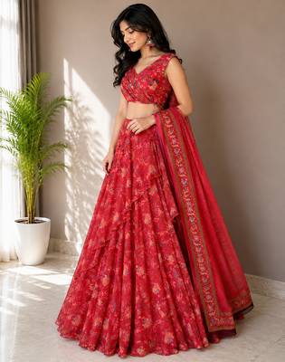 red georgette lehenga choli - free size  1