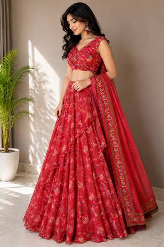 red georgette lehenga choli - free size 