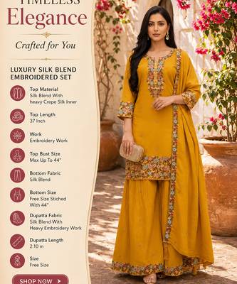 Mustard embroidered silk blend free size stiched kurta palazzo set with dupatta for women 2