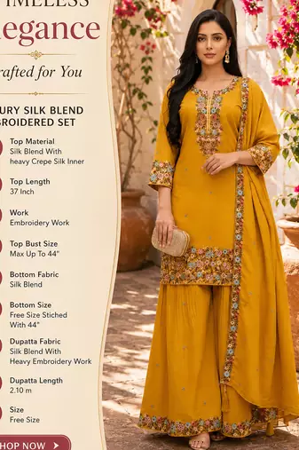 Mustard embroidered silk blend free size stiched kurta palazzo set with dupatta for women