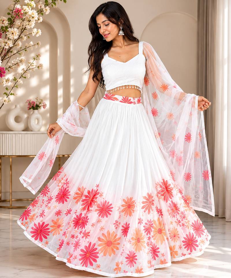 white georgette lehenga choli - free size 