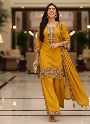 Mustard embroidered silk blend free size stiched kurta palazzo set with dupatta for women 3