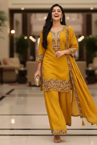 Mustard embroidered silk blend free size stiched kurta palazzo set with dupatta for women
