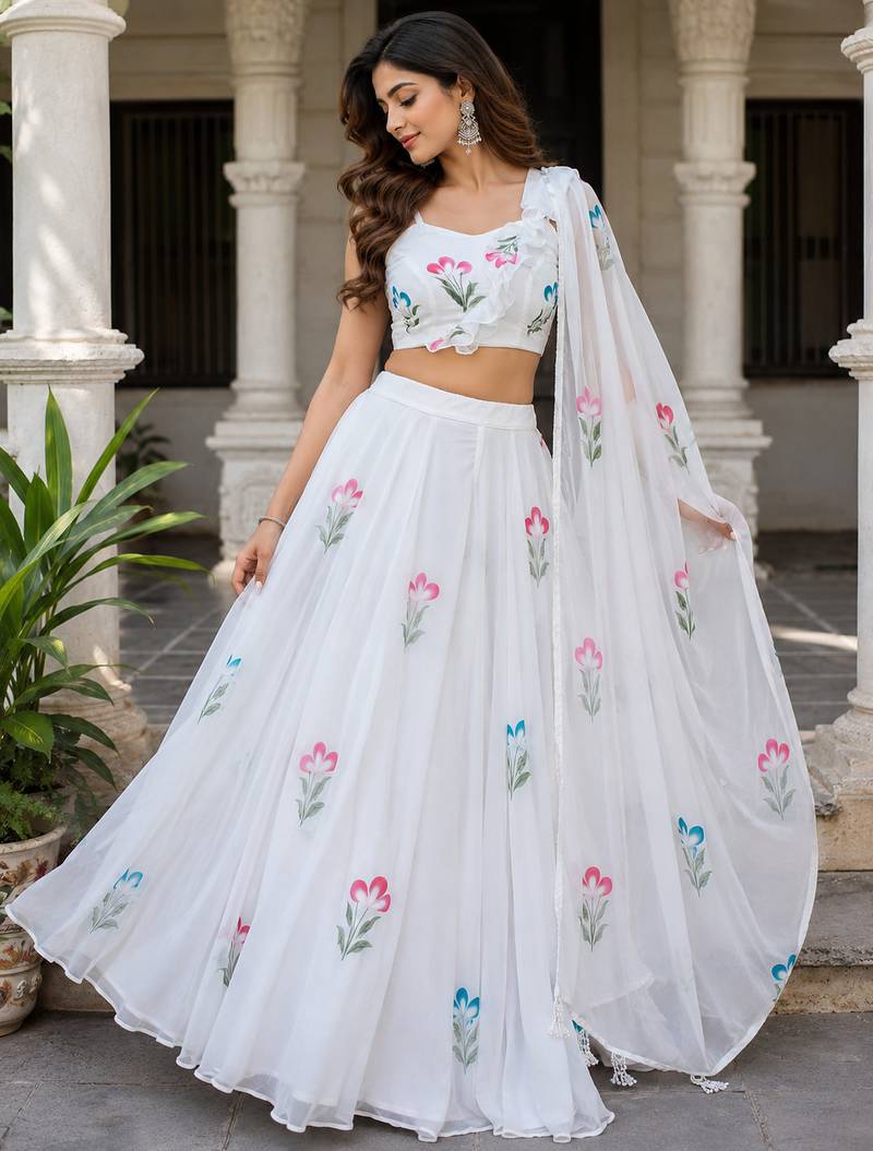white georgette lehenga choli - free size 
