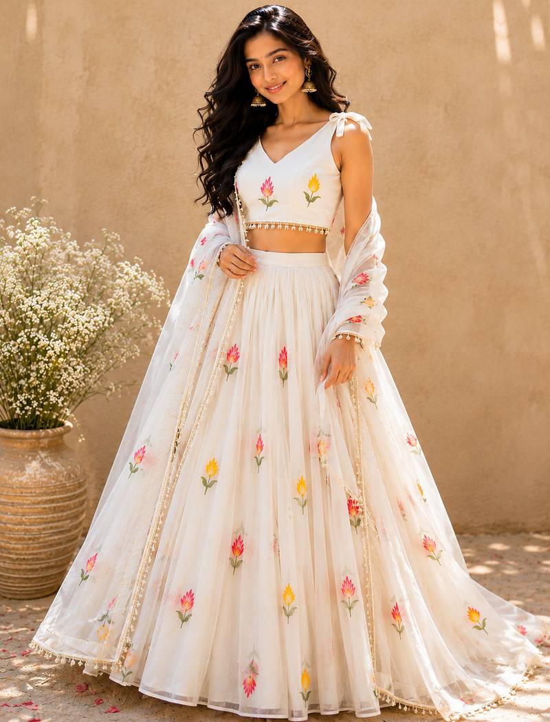 off-white georgette lehenga choli - free size 