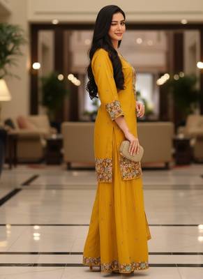 Mustard embroidered silk blend free size stiched kurta palazzo set with dupatta for women 4
