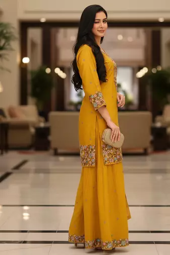 Mustard embroidered silk blend free size stiched kurta palazzo set with dupatta for women