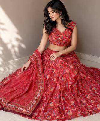 red georgette lehenga choli - free size  4