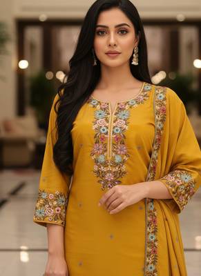 Mustard embroidered silk blend free size stiched kurta palazzo set with dupatta for women 5