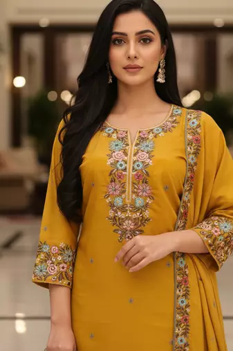 Mustard embroidered silk blend free size stiched kurta palazzo set with dupatta for women