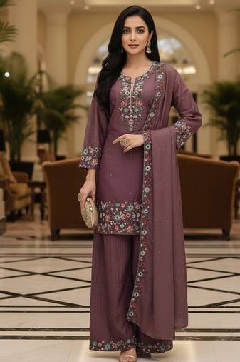 Purple embroidered silk blend free size stiched kurta palazzo set with dupatta for women