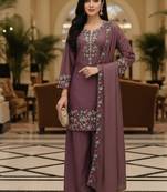 Purple embroidered silk blend free size stiched kurta palazzo set with dupatta for women