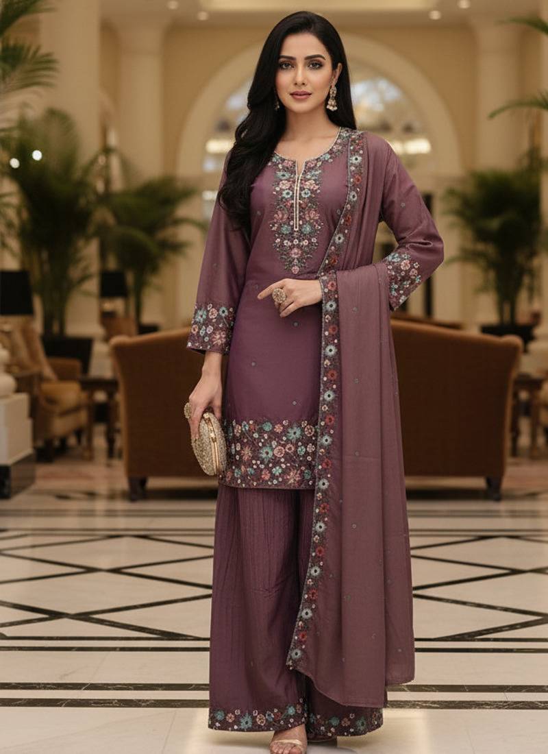 Purple embroidered silk blend free size stiched kurta palazzo set with dupatta for women