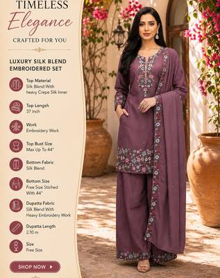 Purple embroidered silk blend free size stiched kurta palazzo set with dupatta for women 2
