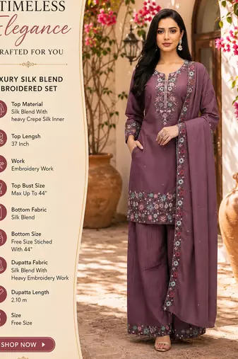 Purple embroidered silk blend free size stiched kurta palazzo set with dupatta for women