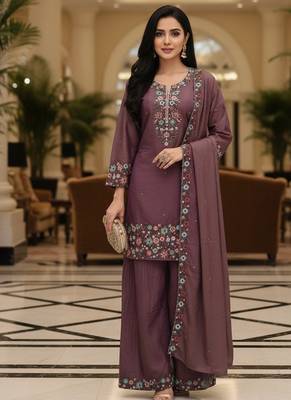 Purple embroidered silk blend free size stiched kurta palazzo set with dupatta for women 3