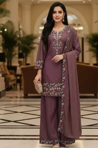 Purple embroidered silk blend free size stiched kurta palazzo set with dupatta for women