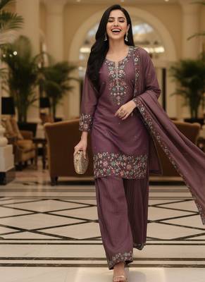 Purple embroidered silk blend free size stiched kurta palazzo set with dupatta for women 4
