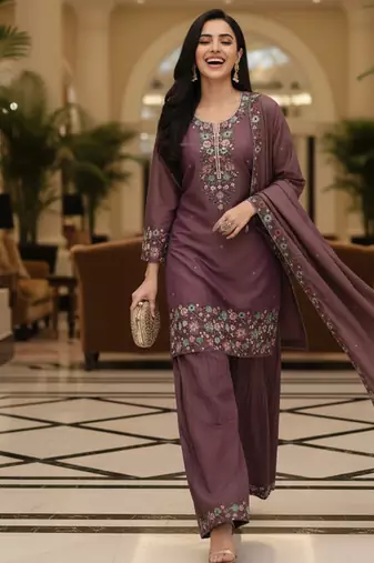 Purple embroidered silk blend free size stiched kurta palazzo set with dupatta for women