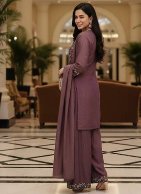 Purple embroidered silk blend free size stiched kurta palazzo set with dupatta for women 5