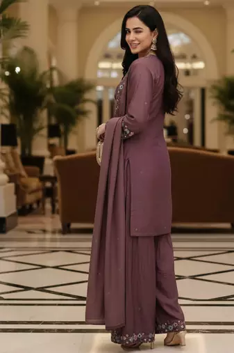 Purple embroidered silk blend free size stiched kurta palazzo set with dupatta for women