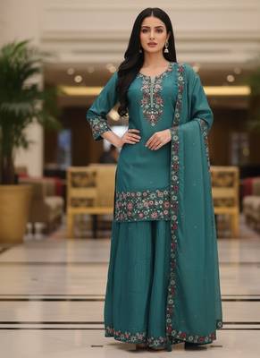 Blue embroidered silk blend free size stiched kurta palazzo set with dupatta for women 1