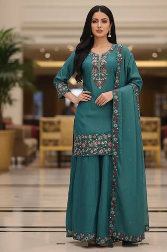 Blue embroidered silk blend free size stiched kurta palazzo set with dupatta for women