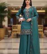 Blue embroidered silk blend free size stiched kurta palazzo set with dupatta for women
