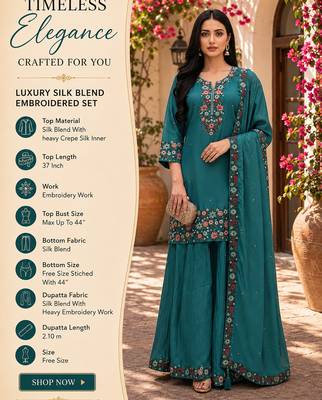 Blue embroidered silk blend free size stiched kurta palazzo set with dupatta for women 2