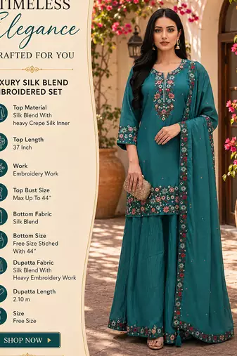 Blue embroidered silk blend free size stiched kurta palazzo set with dupatta for women