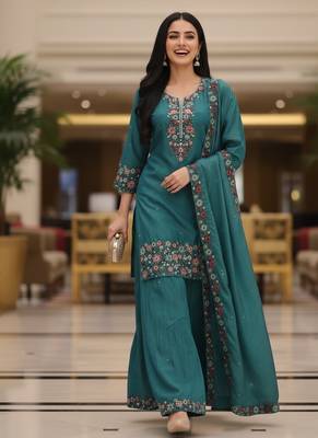Blue embroidered silk blend free size stiched kurta palazzo set with dupatta for women 3
