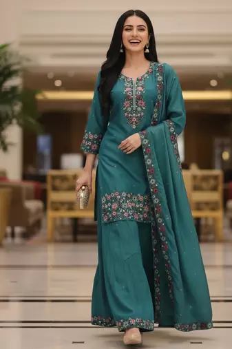 Blue embroidered silk blend free size stiched kurta palazzo set with dupatta for women