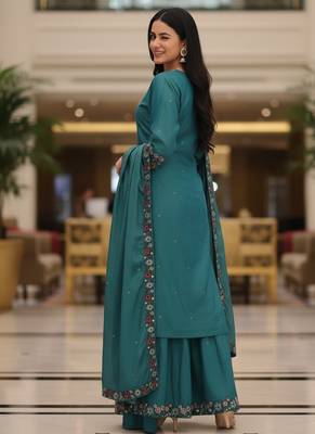 Blue embroidered silk blend free size stiched kurta palazzo set with dupatta for women 4