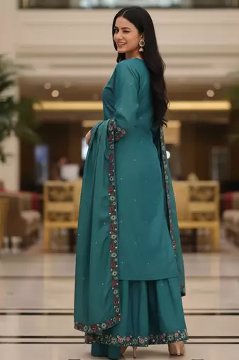 Blue embroidered silk blend free size stiched kurta palazzo set with dupatta for women