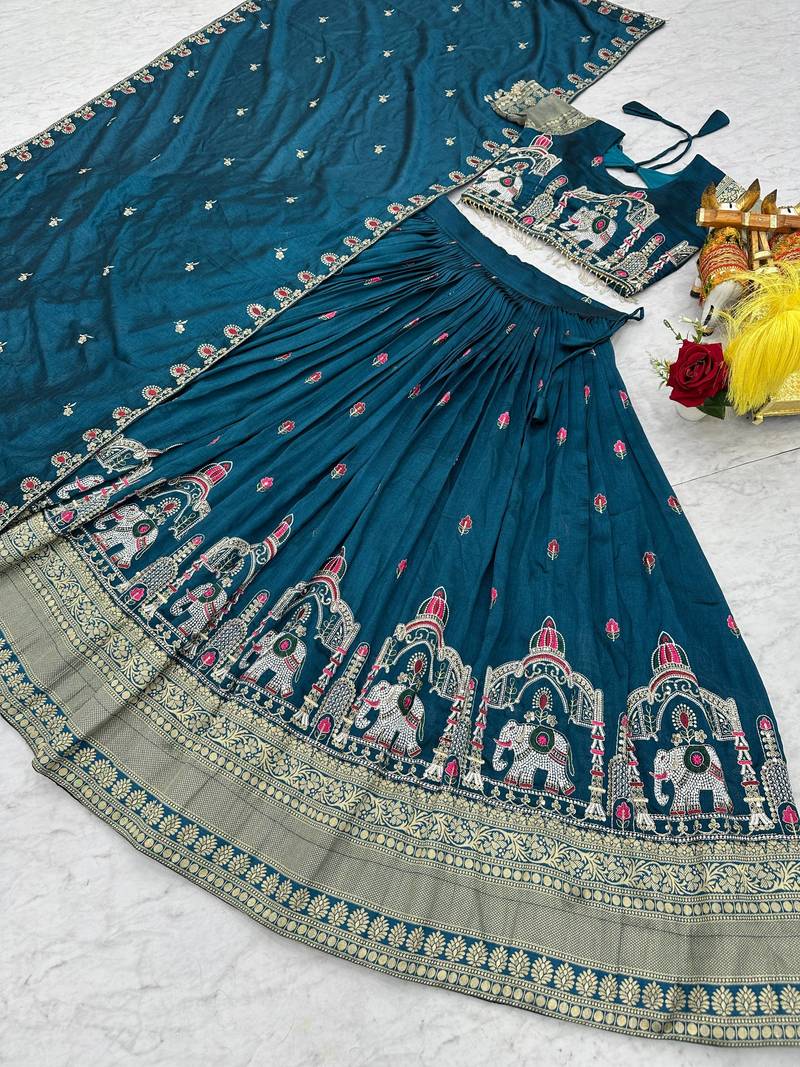 blue silk blend lehenga choli - free size 